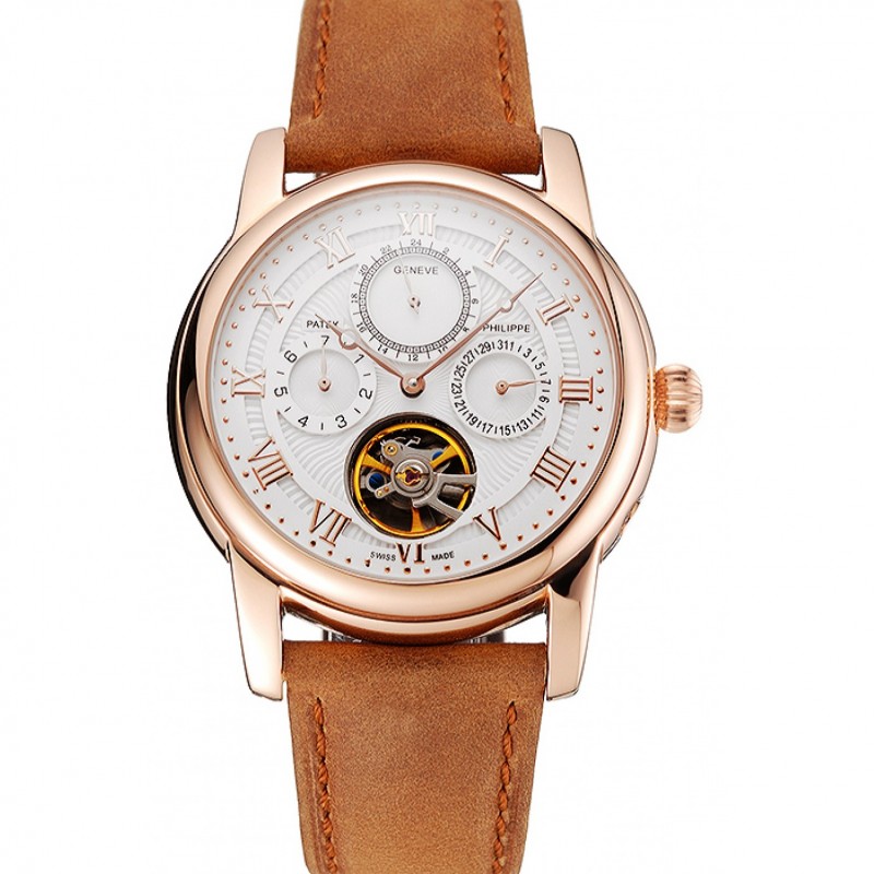 Patek Philippe Grand Complications Day Date Tourbillon White Dial Rose Gold Case Brown Suede Leather Strap 1453813-0