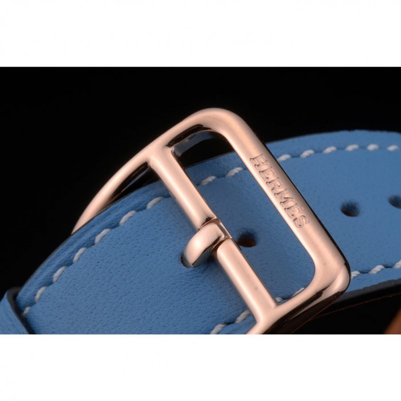 Hermes Heure H Rose Gold Diamond Encrusted Bezel Blue Leather Strap White Dial 80238-5
