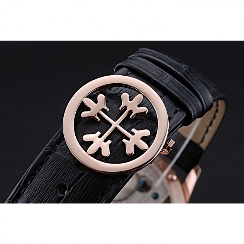 AAA Patek Philippe Geneve Two Dial Black Dial Rose Gold Bezel Black Leather Band 622146-5