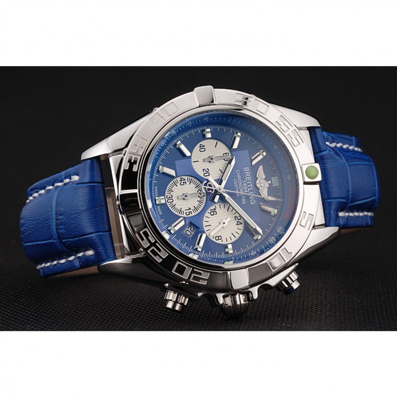 High End Breitling Chronomat Patrouille De France Blue Dial Stainless Steel Case Blue Leather Strap-4