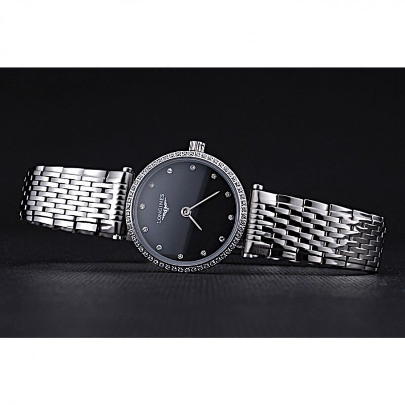 Longines La Grande Classique Stainless Steel Black Dial Diamond Bezel Femme 622108-4