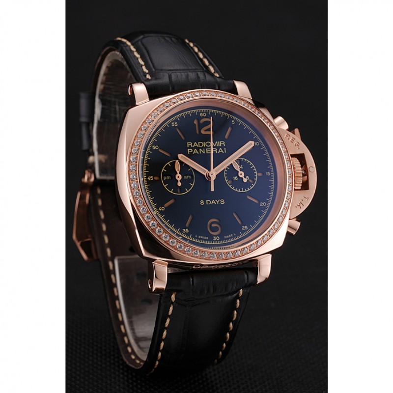 Panerai Radiomir 8 Days Chronograph Black Dial Diamond Bezel Rose Gold Case Black Leather Strap 1453798-2