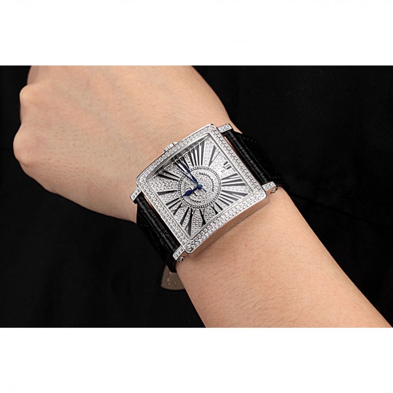 Luxury Replica Watches Franck Muller Master Square Diamonds Dial Diamonds Case Black Leather Band 622358-7