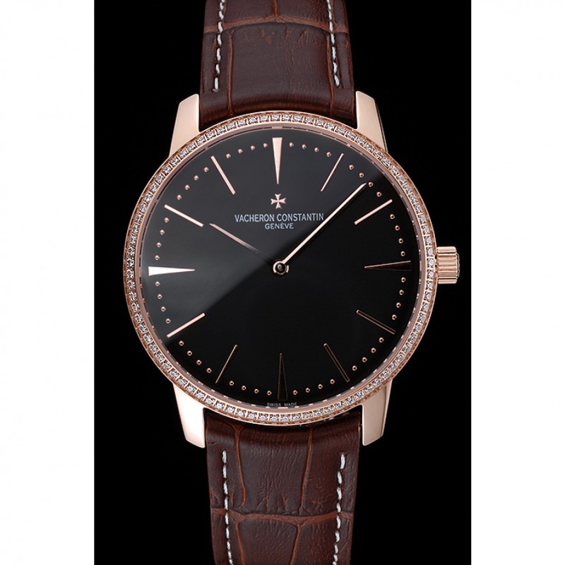 Swiss Vacheron Constantin Patrimony Grand Taille Black Dial Rose Gold Diamonds Case Brown Leather Bracelet 1454174-1