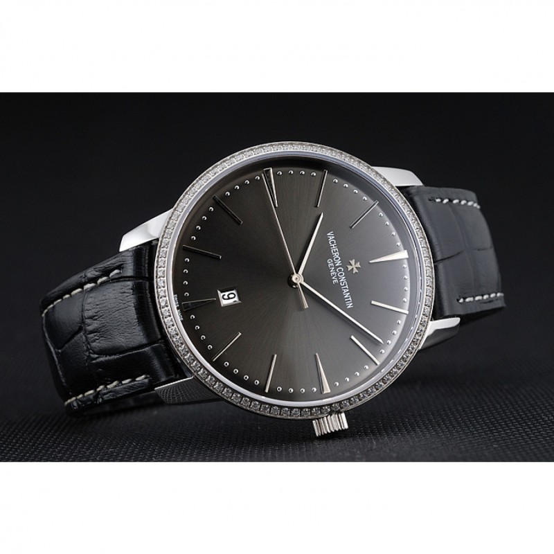Swiss Vacheron Constantin Patrimony Grey Dial Silver Diamonds Case Black Leather Bracelet 1454163-4