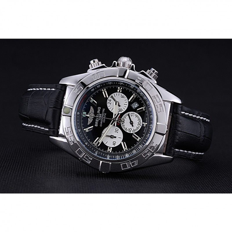 High Quality Breitling Chronomat 44 Black Dial with White Subdials Black Leather Bracelet 622511-4