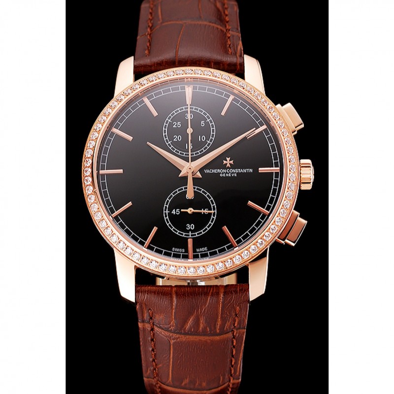AAA Replica Watches Swiss Vacheron Constantin Patrimony Traditionnelle Chronograph Black Dial Diamond Bezel Rose Gold Case Brown Leather Strap 1453765-1