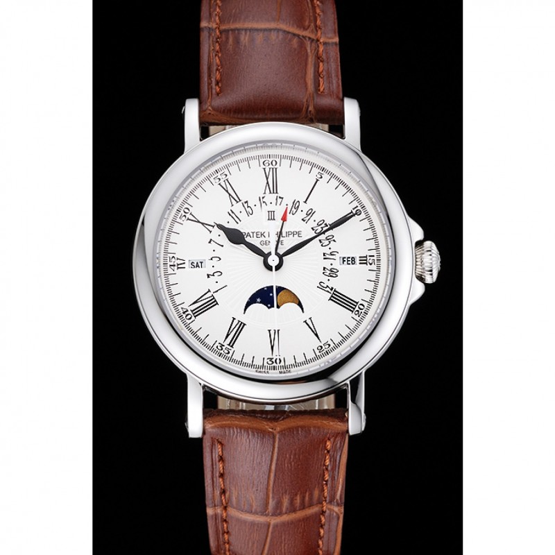 Cheap Replica Watches Patek Philippe Perpetual Calendar Retrograde Date White Dial Silver Case Brown Leather Bracelet 1454149-1