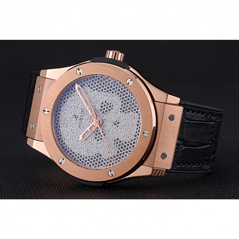 Hublot Classic Fusion Diamond Skull Dial Gold Case Black Leather Strap 622816-3