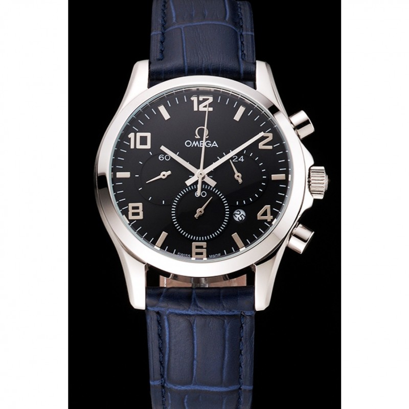 SS Replica Watches Omega Chronograph Black Dial Stainless Steel Case Blue Leather Strap-1
