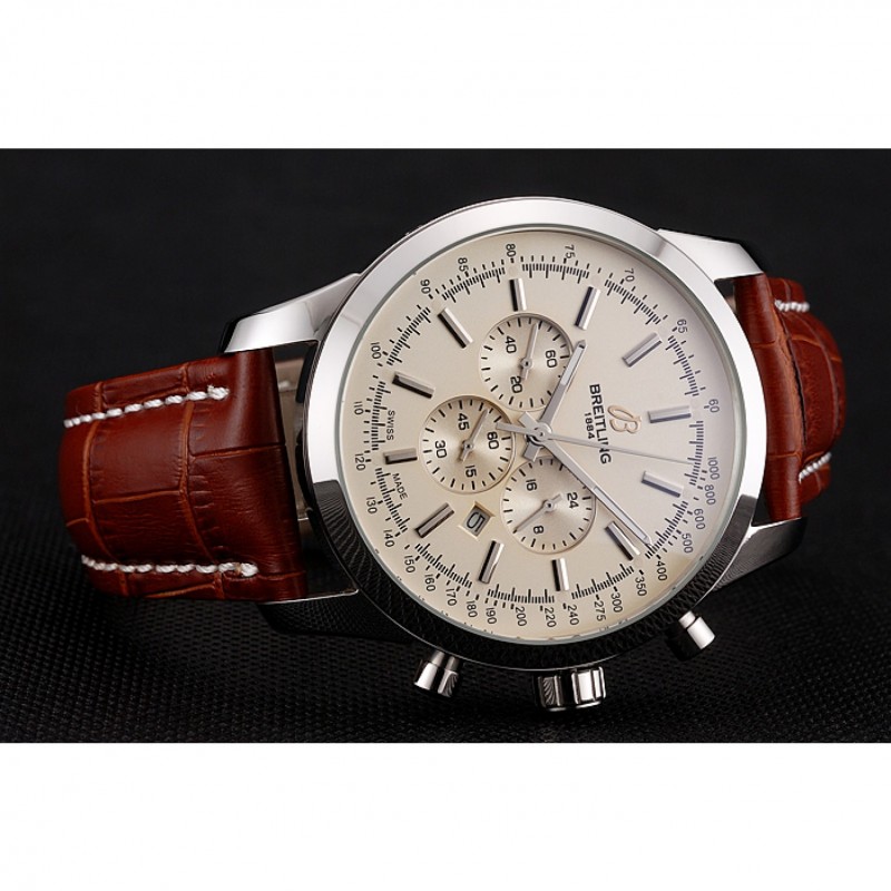 Breitling Transocean Beige Dial Brown Leather Strap Polished Stainless Steel Bezel-2
