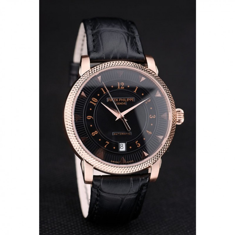 Patek Philippe Swiss Calatrava Ribbed Bezel Black Dial Black Leather Strap 7651-2
