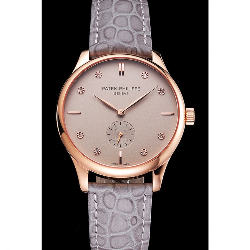 High End Replica Watches Patek Philippe Calatrava Gray Dial Diamond Markings Rose Gold Case Gray Leather Strap-1