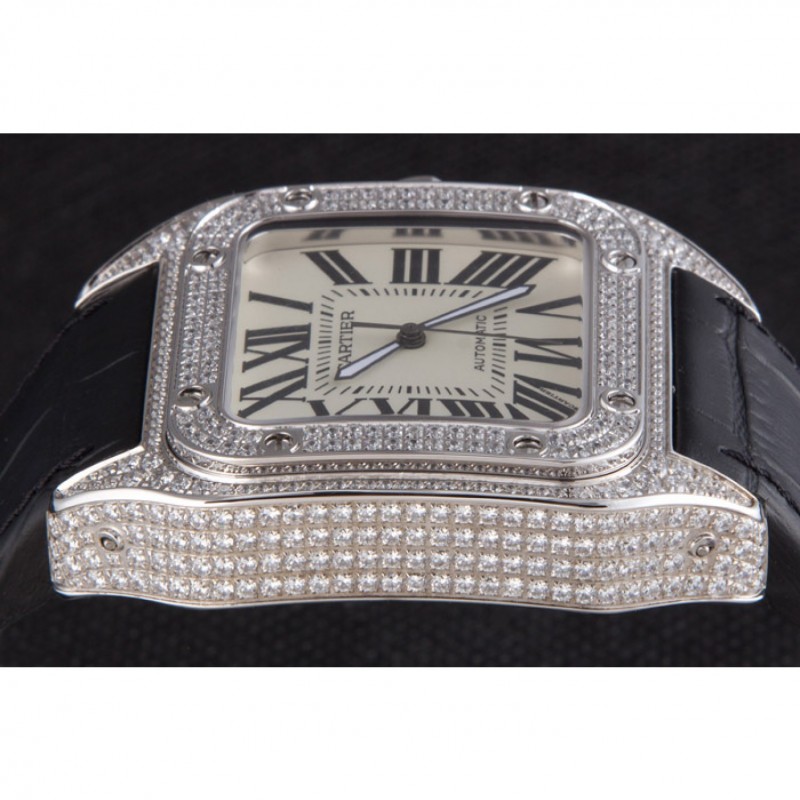 Swiss Cartier Santos Silver Bezel with Diamonds and Black Leather Strap sct47 621531-6
