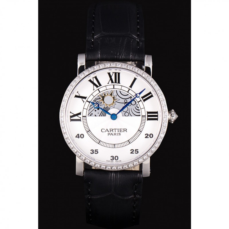 Luxury Replica Watches Cartier Moonphase Silver Watch with Black Leather Band ct255 621374-1