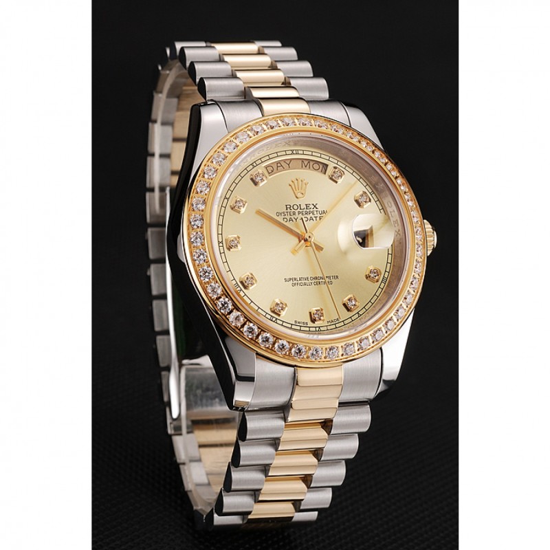 Swiss Rolex Day-Date Champagne Dial Gold Diamond Case Two Tone Stainless Steel Bracelet 1453974-1