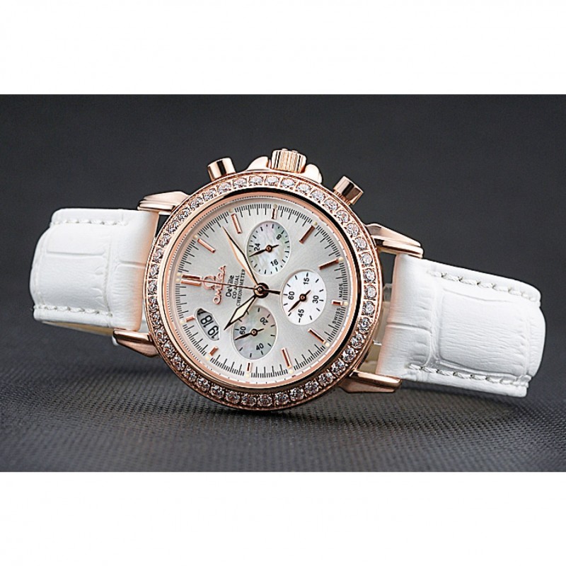 High Quality Replica Watches Omega Speedmaster Chronograph White Dial Gold Diamond Case White Leather Bracelet 622455-4