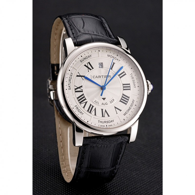 Swiss Cartier Rotonde Annual Calendar White Dial Stainless Steel Case Black Leather Strap-2