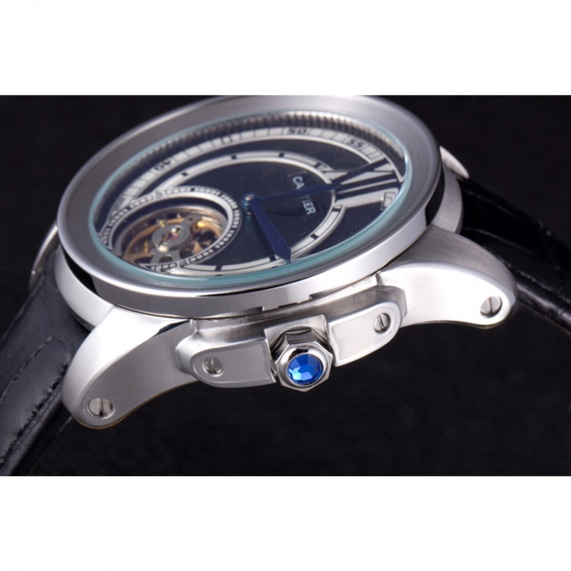 Cartier Calibre Flying Tourbillon Black Dial Stainless Steel Case Black Leather Bracelet-6