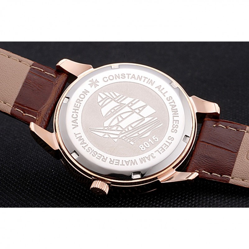 Vacheron Constantin Traditionnelle Black Ship Dial Rose Gold Case Brown Leather Strap-7