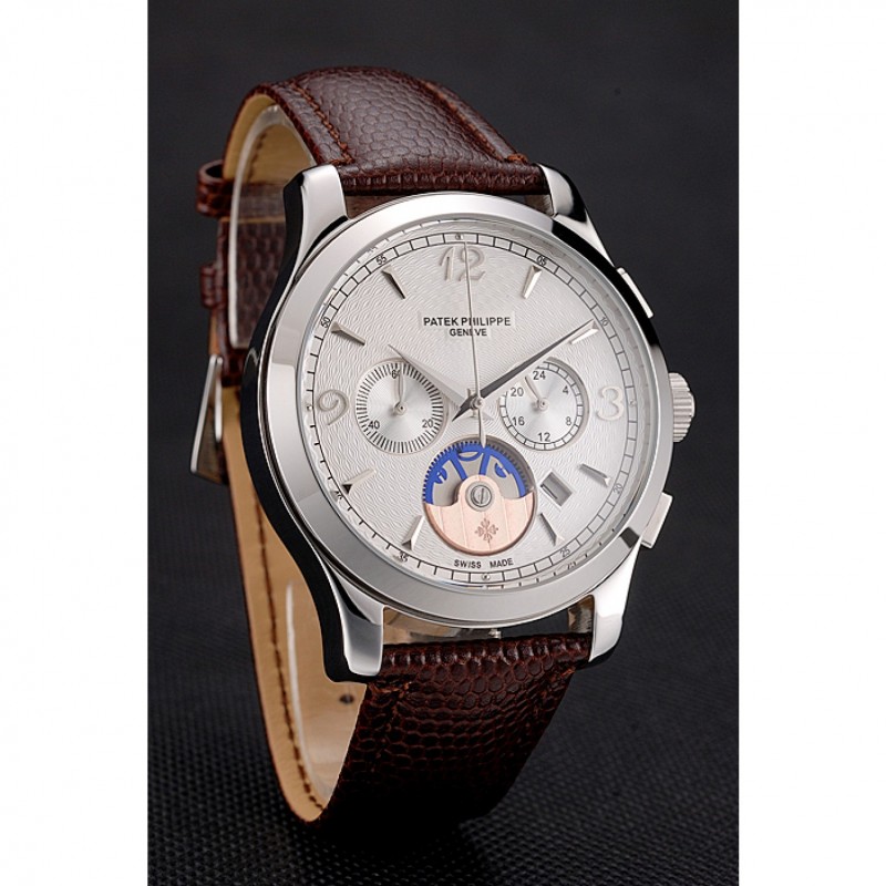 Patek Philippe Chronograph White Guilloche Dial Stainless Steel Case Brown Leather Strap-2