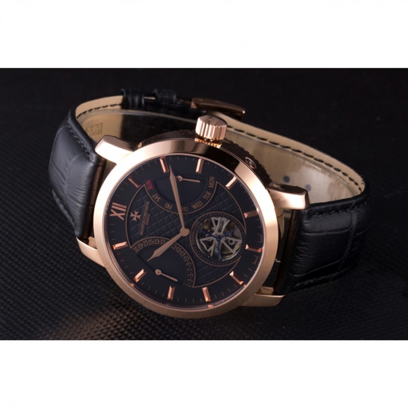 Cheap Vacheron Constantin Tourbillon Black Dial Rose Gold Case Black Leather Bracelet-4