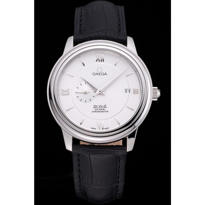 Omega De Ville Prstige Co-Axial White Dial Silver Case Black Leather Strap Roman Numeral-1