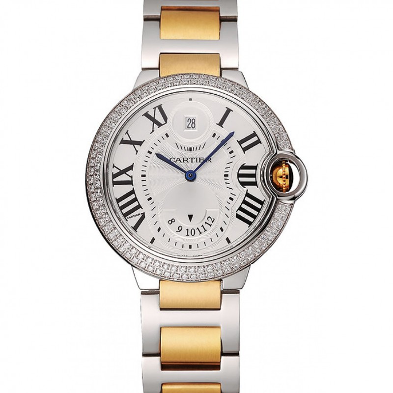 Swiss Cartier Ballon Bleu Two Timezone White Dial Diamond Case Gold And Silver Bracelet 1453876-0