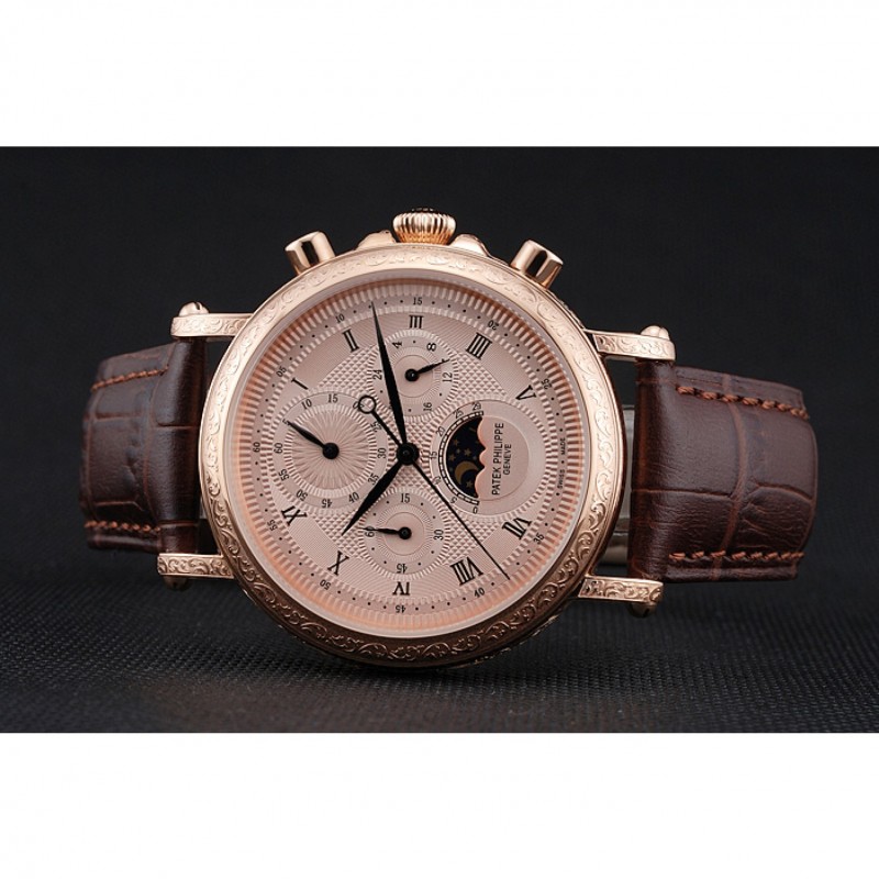 AAA Replica Watches Patek Philippe Grand Complications Rose Gold Dial Engraved Rose Gold Case Brown Leather Bracelet 1454142-3
