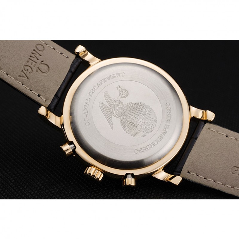 Omega Seamaster Vintage Chronograph Blue Dial Diamond Hour Marks Gold Case Black Leather Strap-8