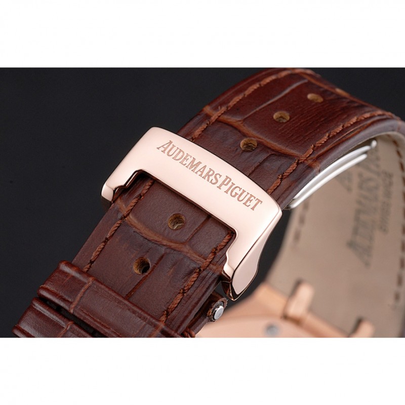 Swiss Audemars Piguet Royal Oak White Dial Gold Case Brown Leather Strap-5