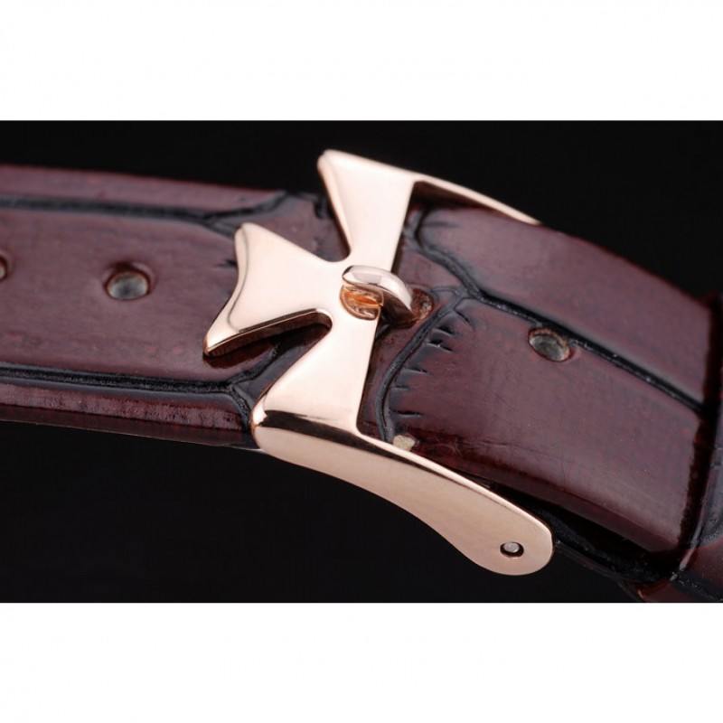 Cheap Vacheron Constantin Patrimony White Dial Rose Gold Case Rich Maroon Leather Bracelet-4