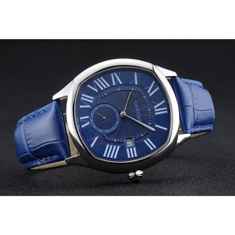 High End Cartier Drive De Cartier Blue Dial Silver Case Blue Leather Bracelet 1454211-4