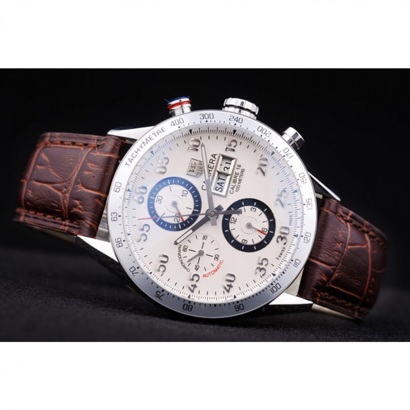 Tag Heuer Swiss Carrera Tachymeter Bezel Dark Brown Leather Strap White Dial-4