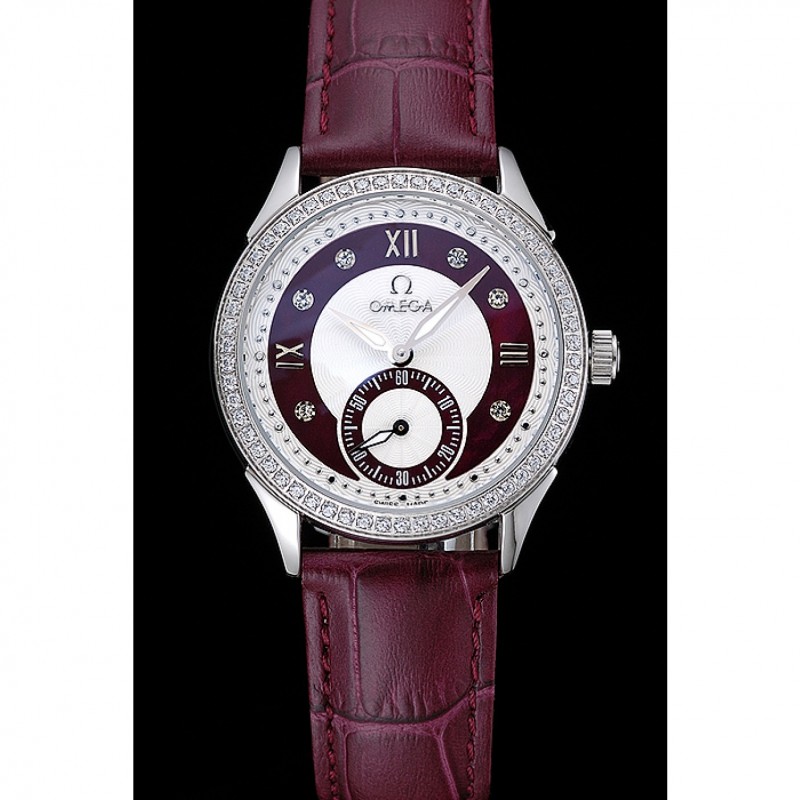 Omega DeVille Prestige Dark Red Dial Silver Diamond Case Dark Red Leather Bracelet 1454121-1