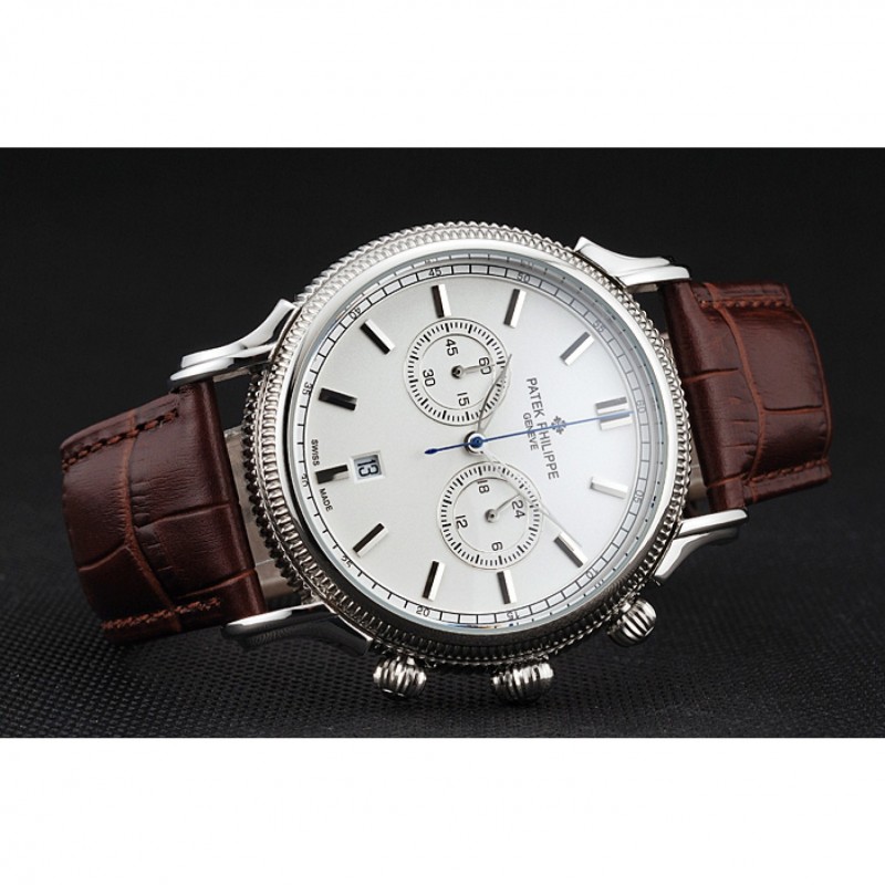 Patek Philippe Chronograph White Dial Stainless Steel Case Brown Leather Strap-4
