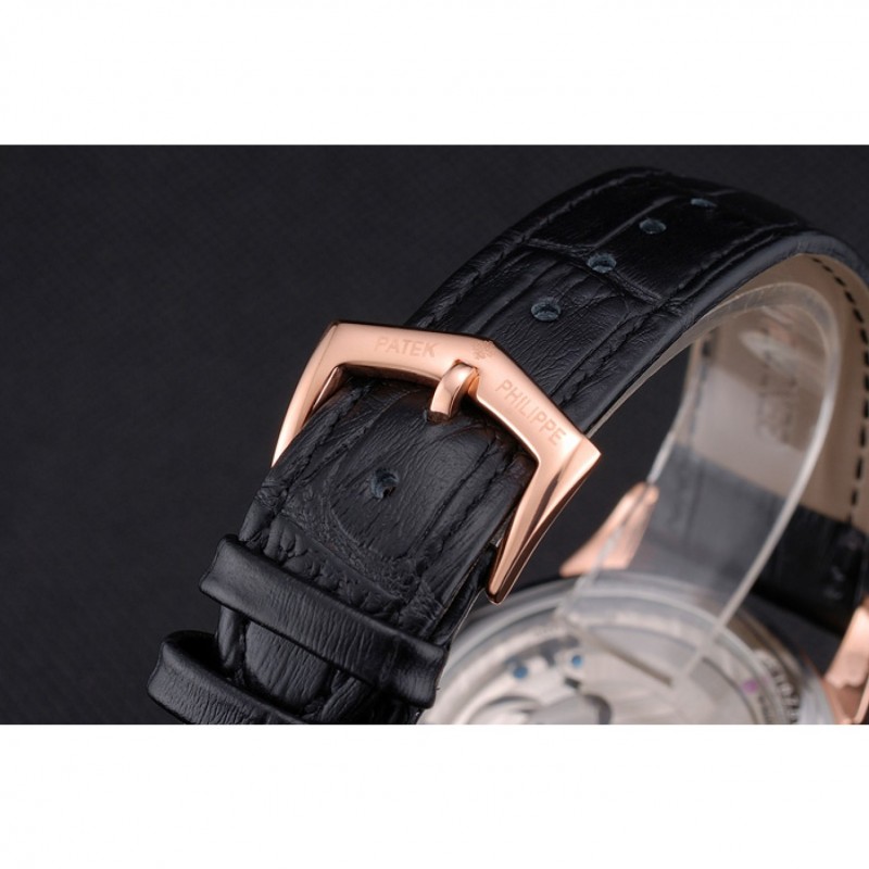 Patek Philippe Dual Time Moonphase Tourbillon Black Skeletonised Rose Gold Case Black Leather Strap-5