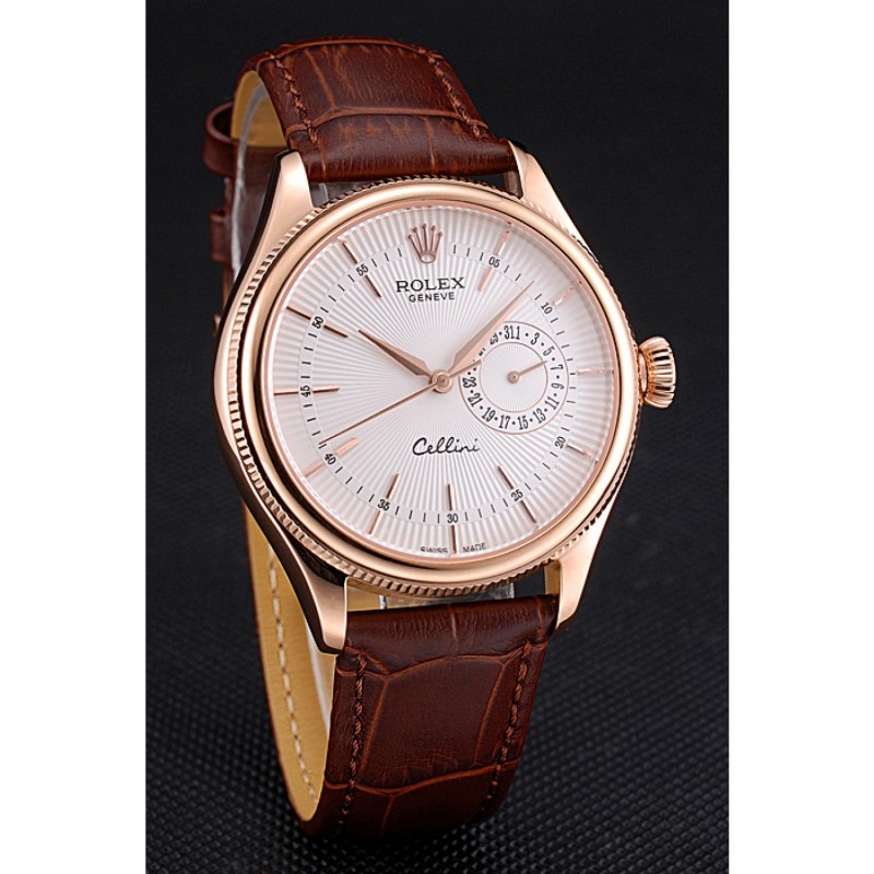 High End Replica Watches Rolex Cellini White Rose Dial Gold Case Brown Leather Bracelet 622725-2