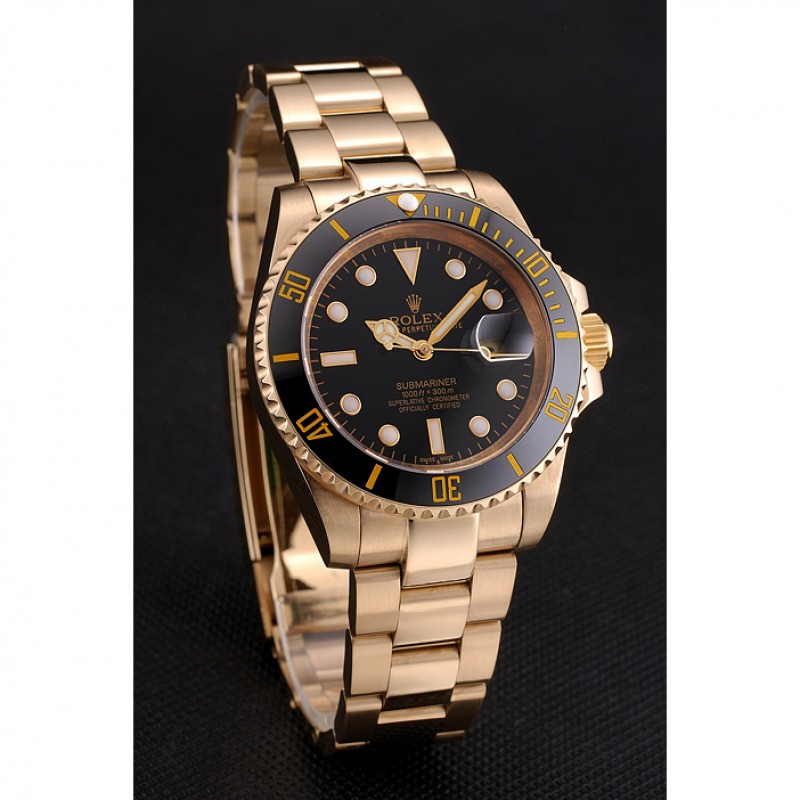 Swiss Rolex Submariner Black Dial Black Bezel Yellow Gold Case And Bracelet-2