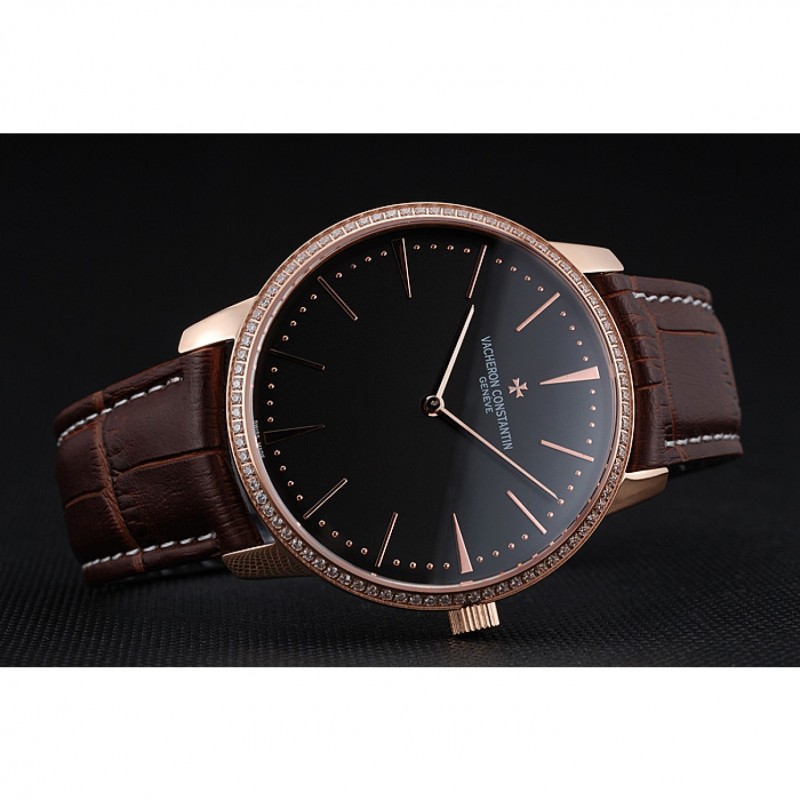 Swiss Vacheron Constantin Patrimony Grand Taille Black Dial Rose Gold Diamonds Case Brown Leather Bracelet 1454174-3
