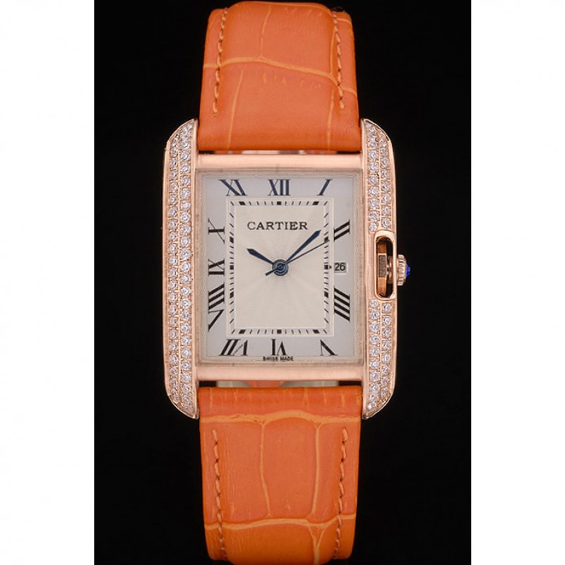 Cartier Tank Anglaise 30mm White Dial Diamonds Gold Case Orange Leather Bracelet-1