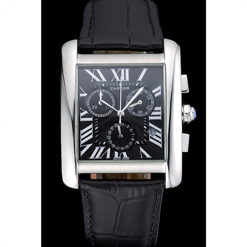 High Quality Replica Watches Cartier Tank MC Black Dial Stainless Steel Case Black Leather Bracelet 622690-1