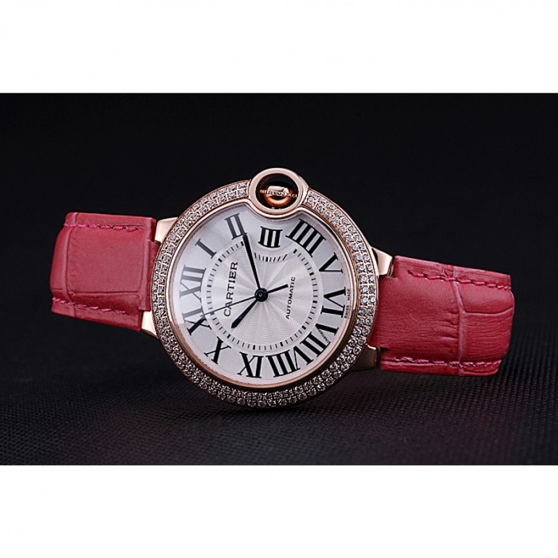 AAA Swiss Cartier Ballon Bleu de Cartier White Dial Diamonds Case Pink Leather Bracelet 622553-4
