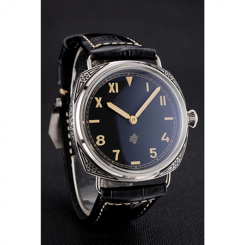 SS Panerai Radiomir Firenze PAM604 Black Dial Roman Numerals Engraved Stainless Steel Case Black Leather Strap-2