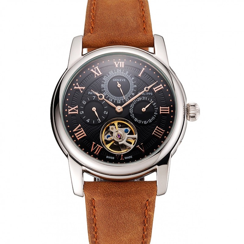 Patek Philippe Grand Complications Day Date Tourbillon Black Dial Rose Gold Numerals Stainless Steel Case Brown Suede Leather Strap 1453815-0