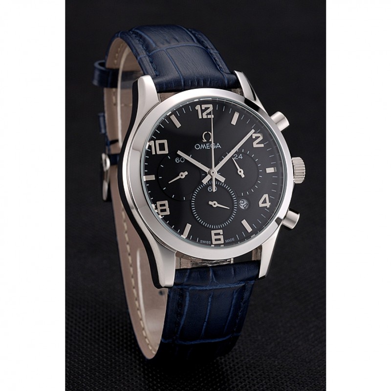 SS Replica Watches Omega Chronograph Black Dial Stainless Steel Case Blue Leather Strap-2