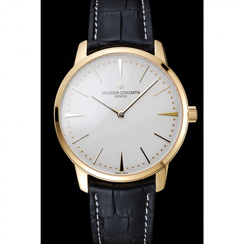 Swiss Vacheron Constantin Patrimony Grand Taille White Dial Gold Case Black Leather Bracelet 1454176-1