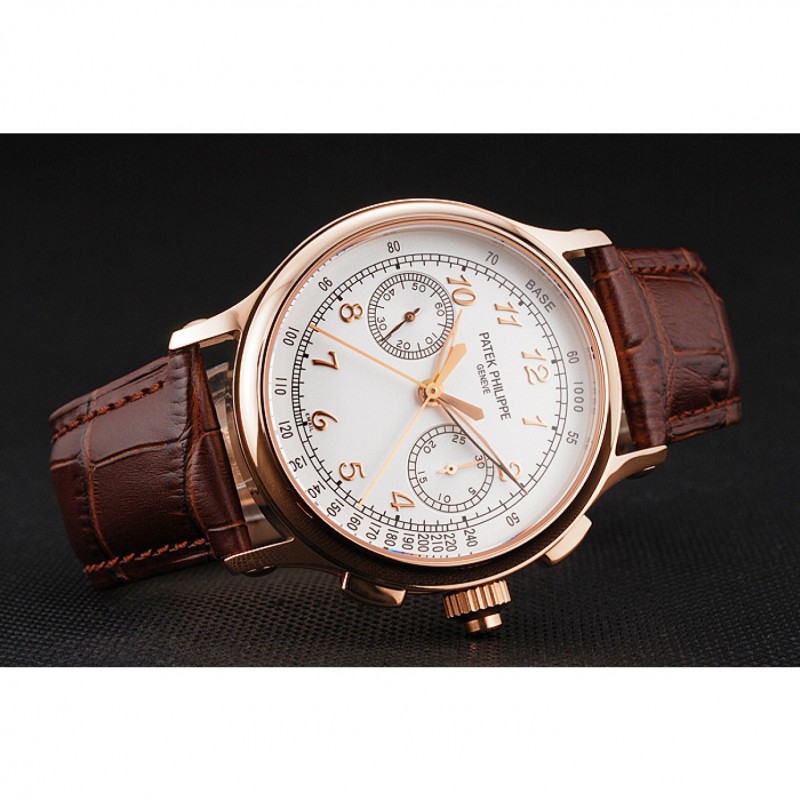 Swiss Patek Philippe Split Seconds Chronograph White Dial Rose Gold Case Brown Leather Strap-4