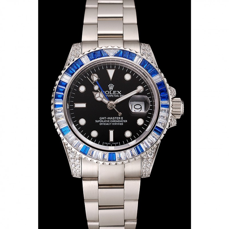 Cheap Replica Watches Swiss Rolex GMT Master II Black Dial Stone Set Bezel Stainless Steel Case And Bracelet 1453747-1