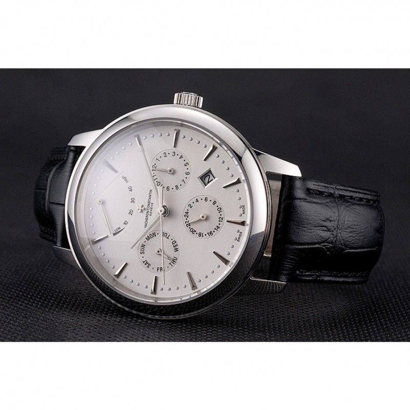 Swiss Vacheron Constantin Traditionnelle Power Reserve White Dial Stainless Steel Case Black Leather Strap-3